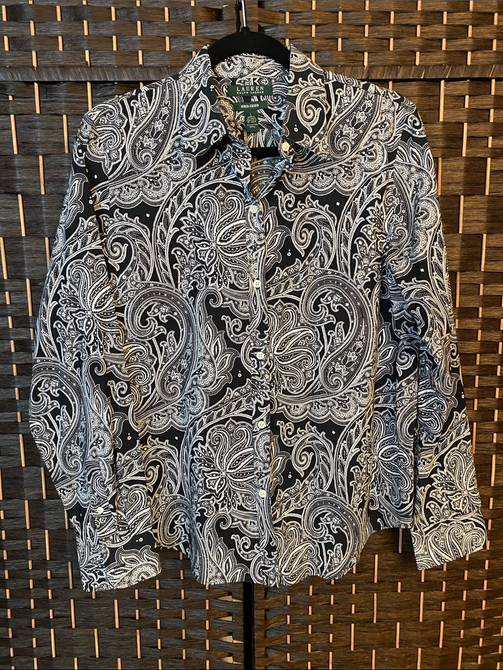 Lauren Ralph Lauren Black & White Paisley Button-Down Shirt SZ Large 100% Cotton